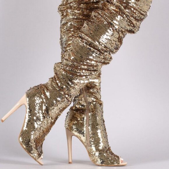 GOLD-"ESSENTIAL ELEGANCE "Over The Knee High Boots Sequins Peep Toe ( BRAND NEW! - Picture 1 of 4